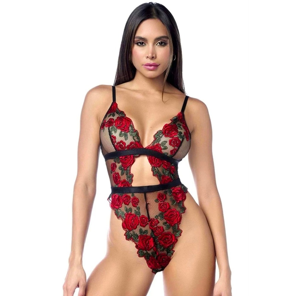 MAPALÉ Lingerie 8961 Floral Embroidered Mesh Teddy Bodysuit Black Red S/M